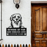 Beware of Golden Metal Name Sign With LED Lights Personalized Letter Last Name Dog Lover Metal Sign Dog Metal sign