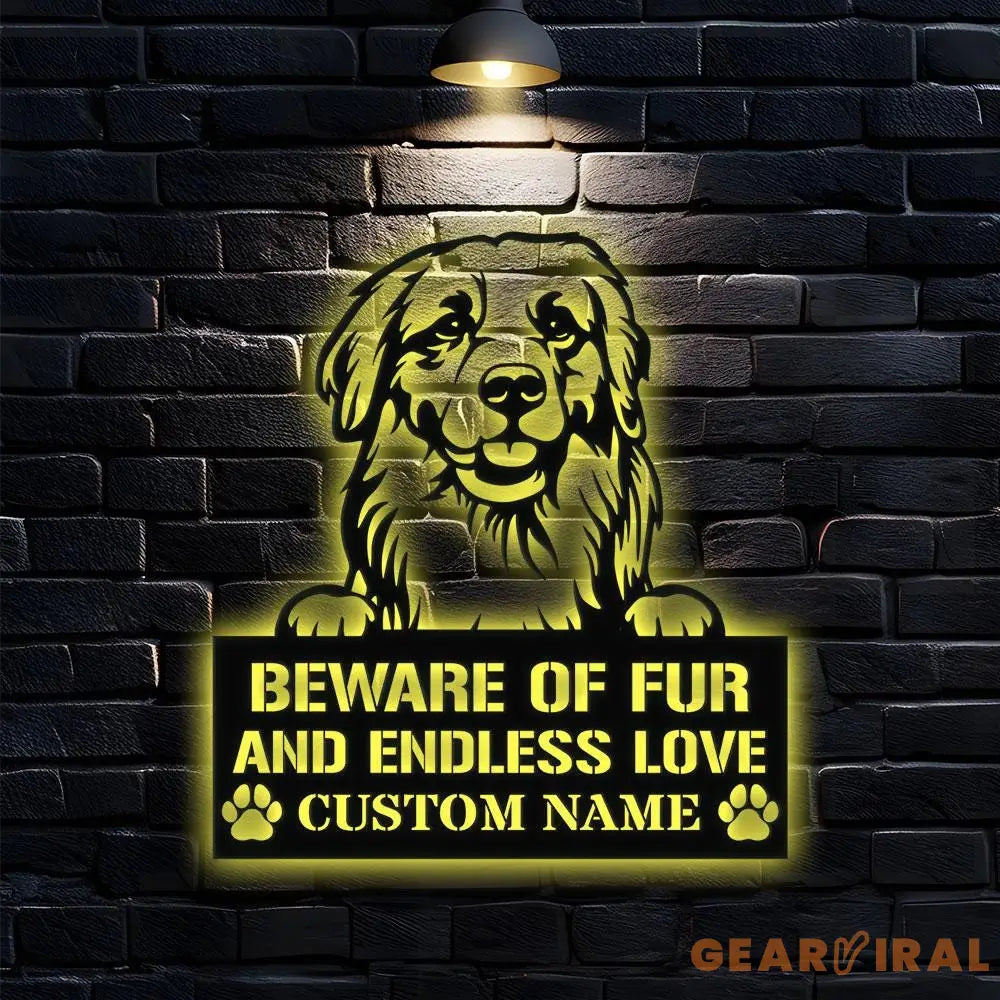 Beware of Golden Metal Name Sign With LED Lights Personalized Letter Last Name Dog Lover Metal Sign Dog Metal sign