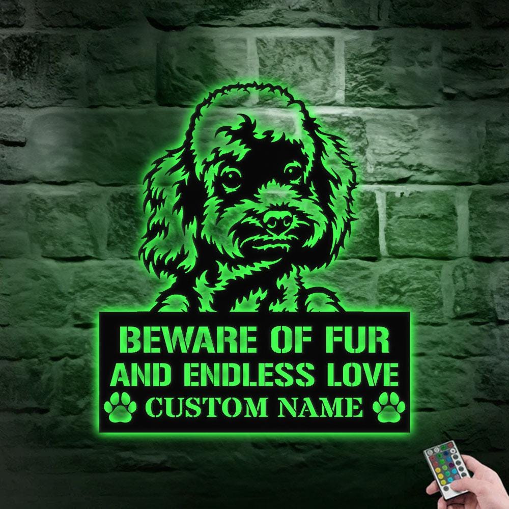 Beware of Poodle Metal Name Sign With LED Lights, Personalized Letter Last Name, Dog Lover Metal Sign, Dog Metal sign Housewarming Monogram