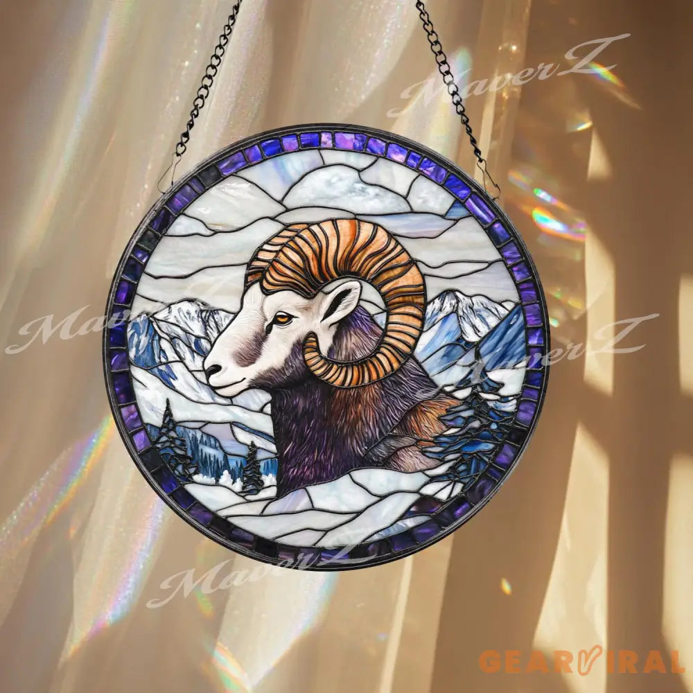 Bighorn Sheep Stained Glass Suncatcher Mountain Wildlife Window Panel Ram Decor for Nature Lovers Rustic Cabin or Lodge