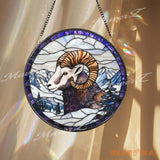 Bighorn Sheep Stained Glass Suncatcher Mountain Wildlife Window Panel Ram Decor for Nature Lovers Rustic Cabin or Lodge