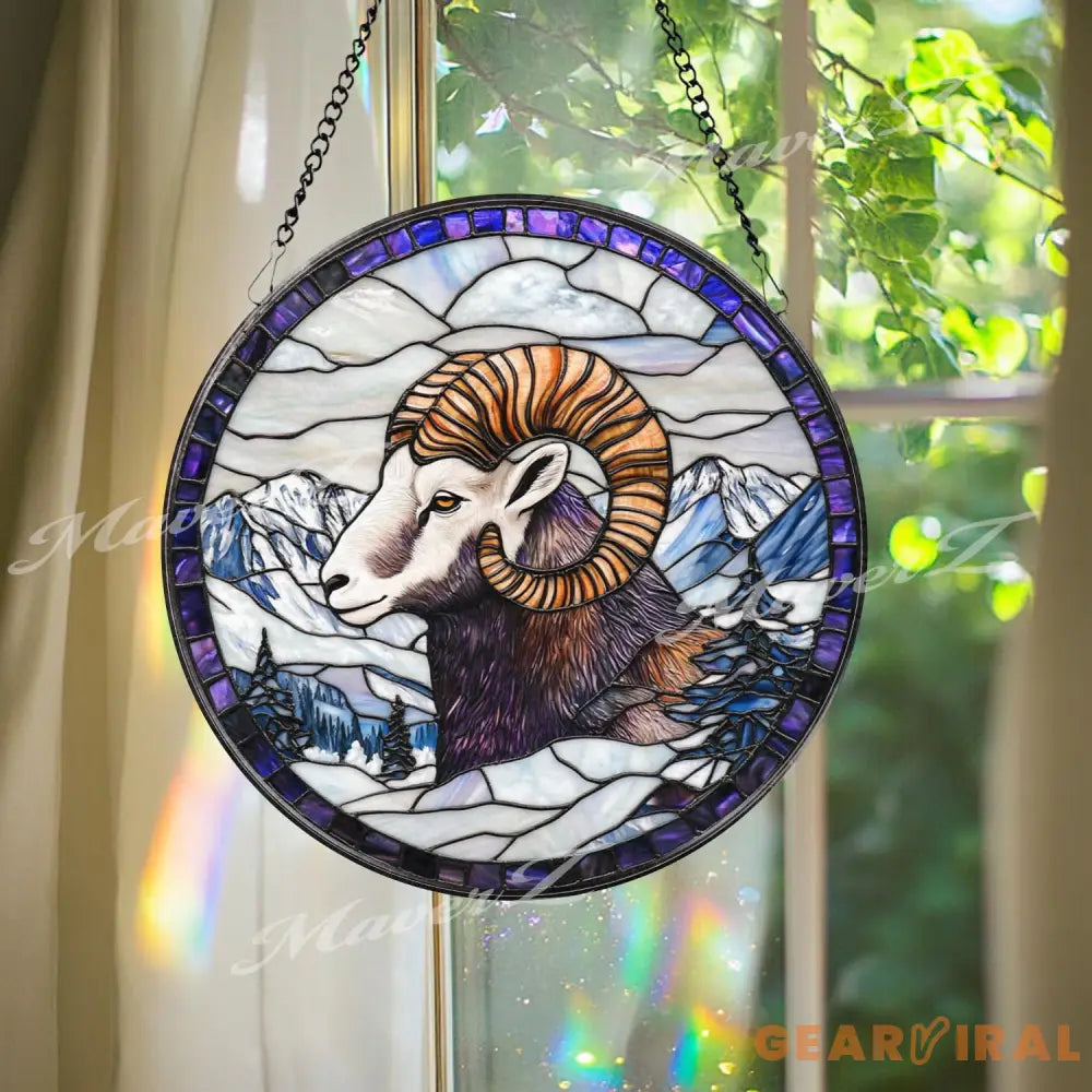 Bighorn Sheep Stained Glass Suncatcher Mountain Wildlife Window Panel Ram Decor for Nature Lovers Rustic Cabin or Lodge