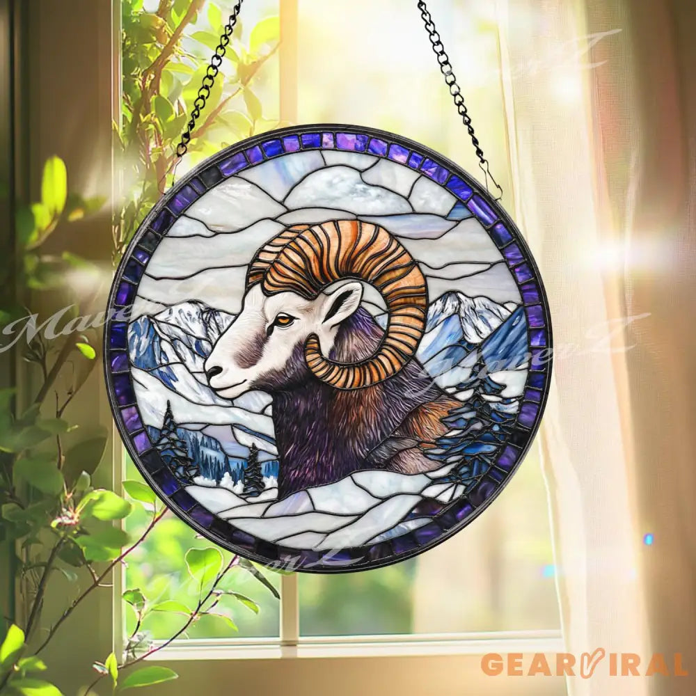 Bighorn Sheep Stained Glass Suncatcher Mountain Wildlife Window Panel Ram Decor for Nature Lovers Rustic Cabin or Lodge