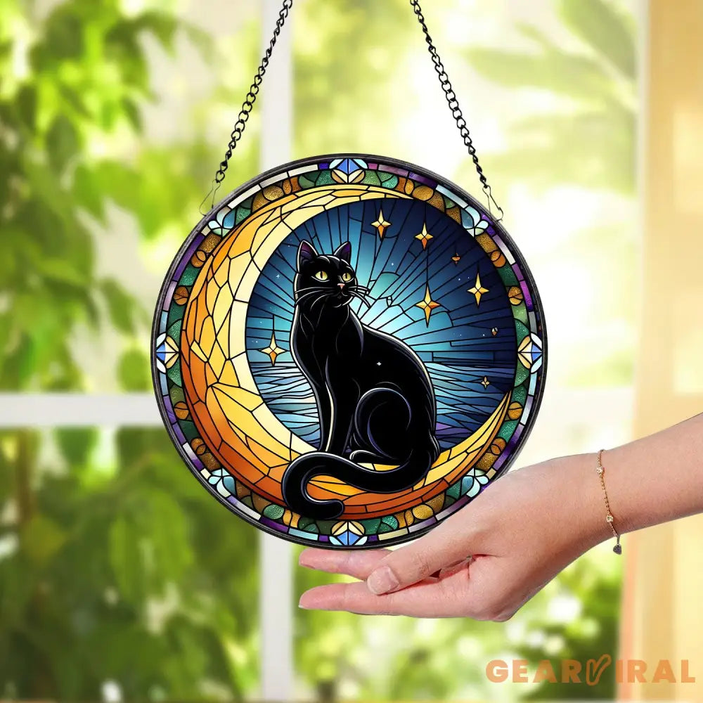 Black Cat on Moon Stained Glass Suncatcher Window Hangings Cat Owner Gift Gift for Cat Mom Stained Glass Decor Mother’s