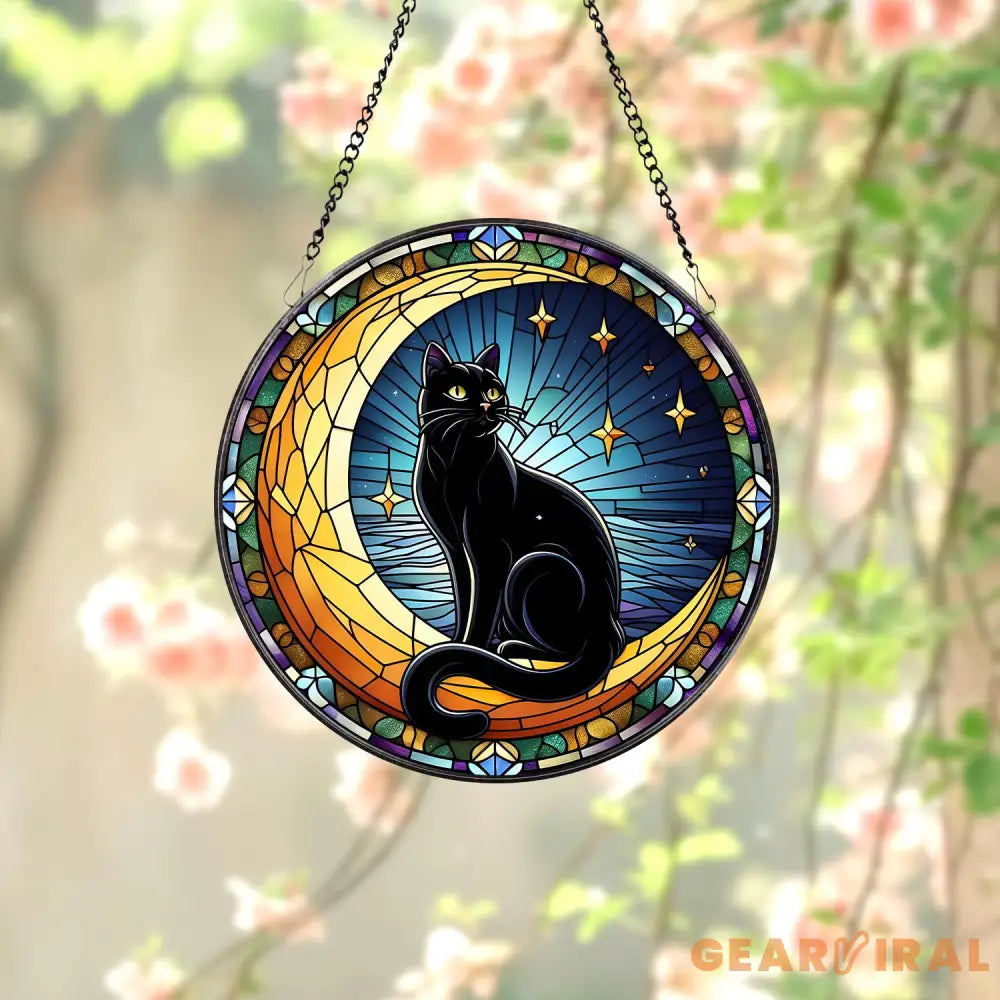 Black Cat on Moon Stained Glass Suncatcher Window Hangings Cat Owner Gift Gift for Cat Mom Stained Glass Decor Mother’s
