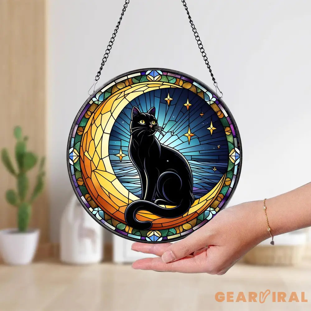 Black Cat on Moon Stained Glass Suncatcher Window Hangings Cat Owner Gift Gift for Cat Mom Stained Glass Decor Mother’s
