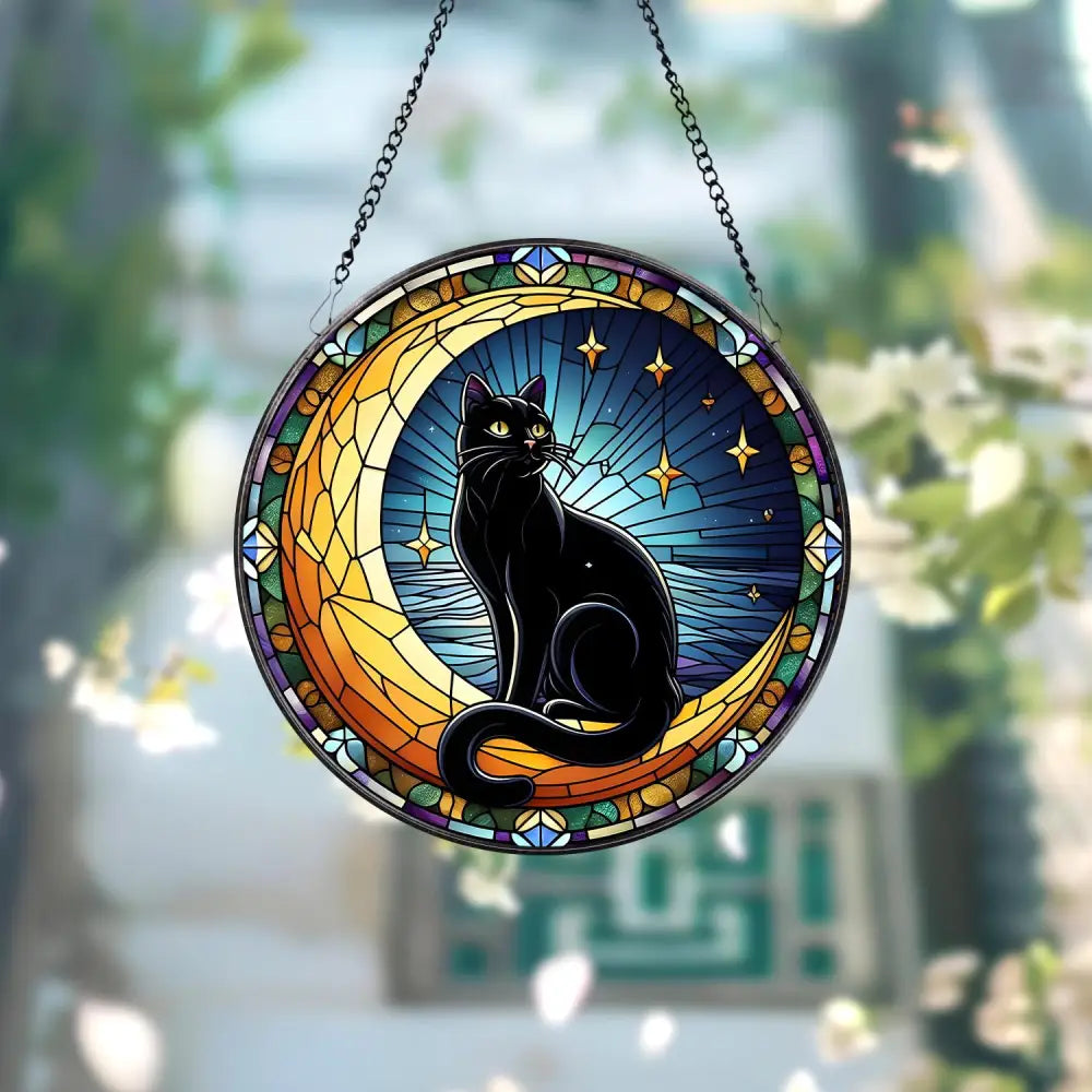 Black Cat on Moon Stained Glass Suncatcher Window Hangings Cat Owner Gift Gift for Cat Mom Stained Glass Decor Mother’s