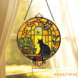 Black Cat Stained Glass Suncatcher Golden Window Panel with Butterflies Sunlit Cat Lover Gift Whimsical Window Hanging