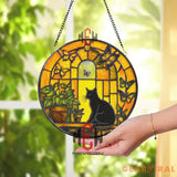Black Cat Stained Glass Suncatcher Golden Window Panel with Butterflies Sunlit Cat Lover Gift Whimsical Window Hanging