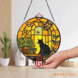 Black Cat Stained Glass Suncatcher Golden Window Panel with Butterflies Sunlit Cat Lover Gift Whimsical Window Hanging