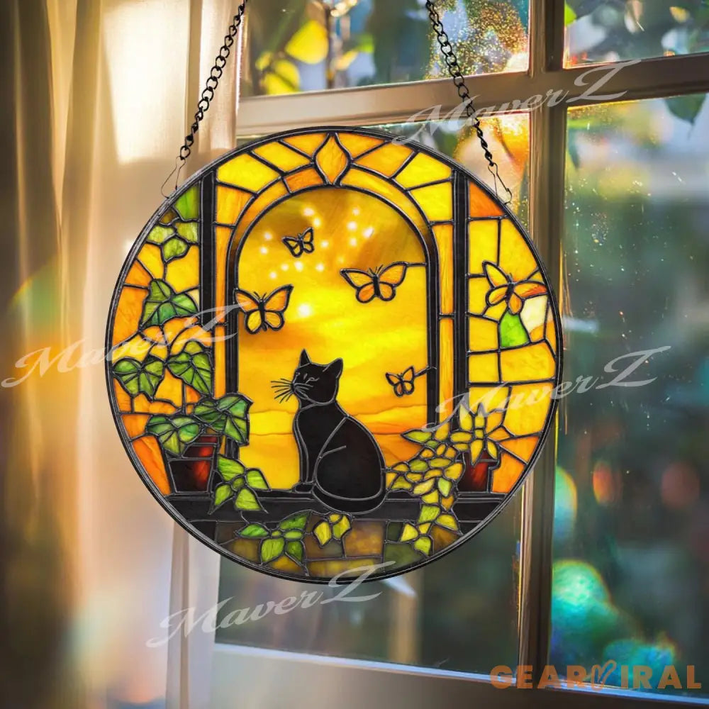Black Cat Stained Glass Suncatcher Sunlit Window Butterfly Decor Cozy Cat Lover Glass Panel Fall Yellow Window Art