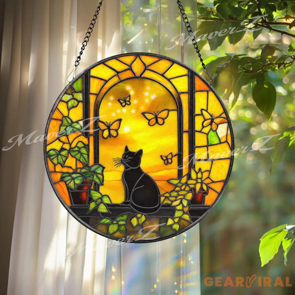 Black Cat Stained Glass Suncatcher Sunlit Window Butterfly Decor Cozy Cat Lover Glass Panel Fall Yellow Window Art
