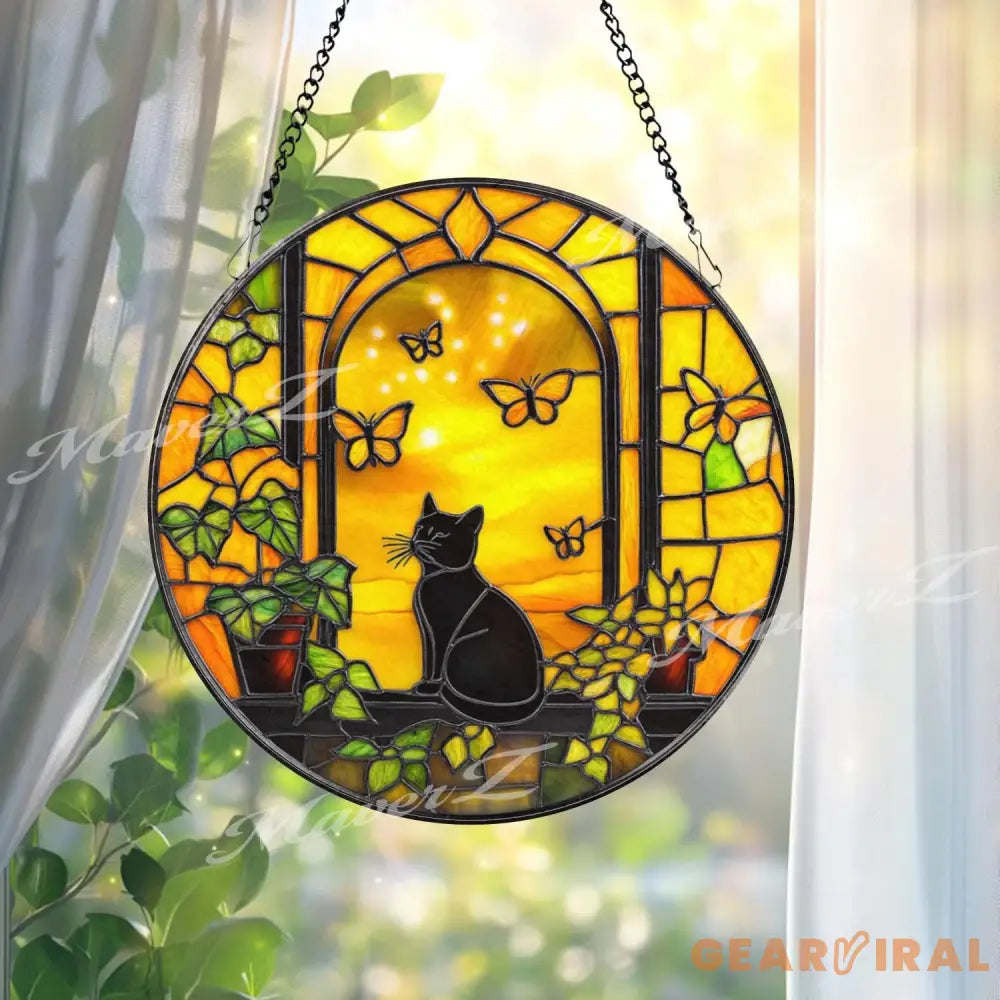 Black Cat Stained Glass Suncatcher Sunlit Window Butterfly Decor Cozy Cat Lover Glass Panel Fall Yellow Window Art