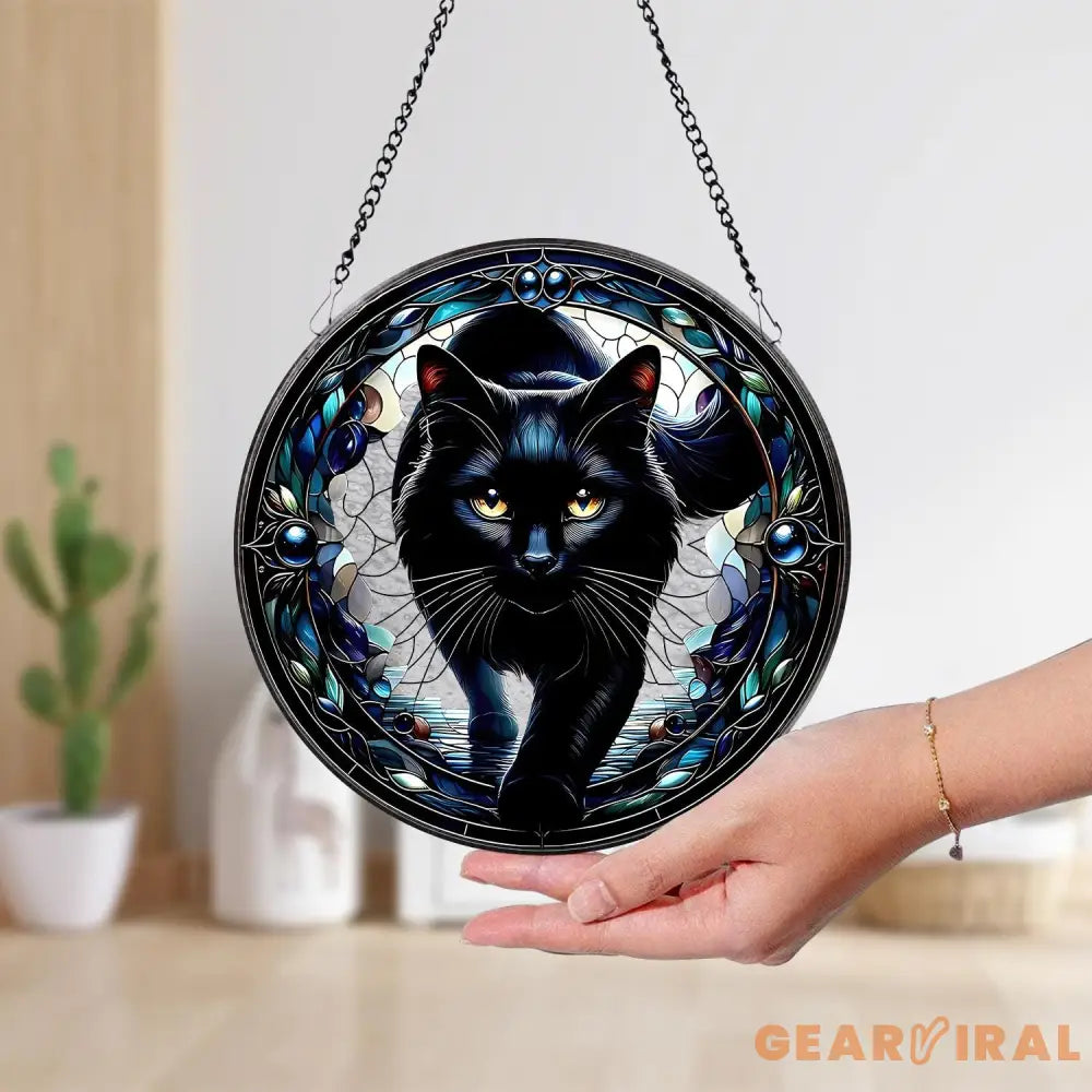 Black Cat Stained Glass Suncatcher Cat Wall Hanging Cat Ornament Cat Decor Cat Lovers Cat Memorial Indoor Decor Gift