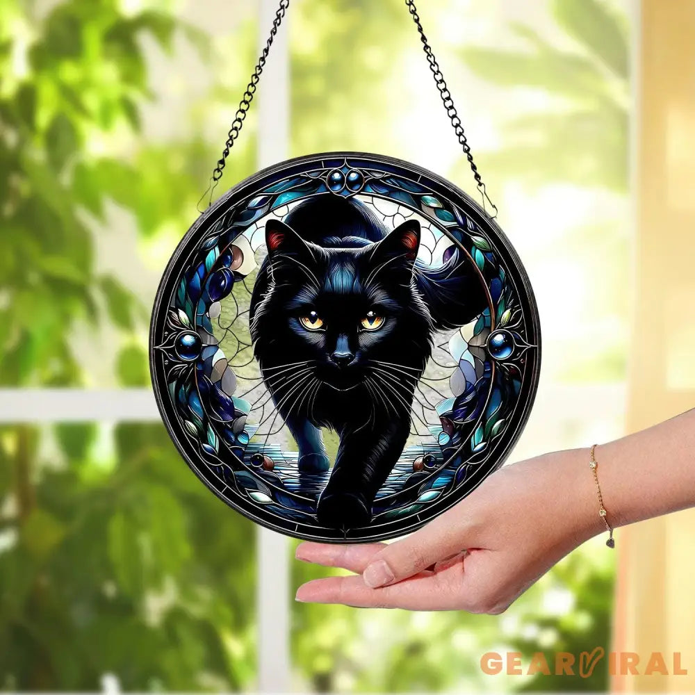 Black Cat Stained Glass Suncatcher Cat Wall Hanging Cat Ornament Cat Decor Cat Lovers Cat Memorial Indoor Decor Gift