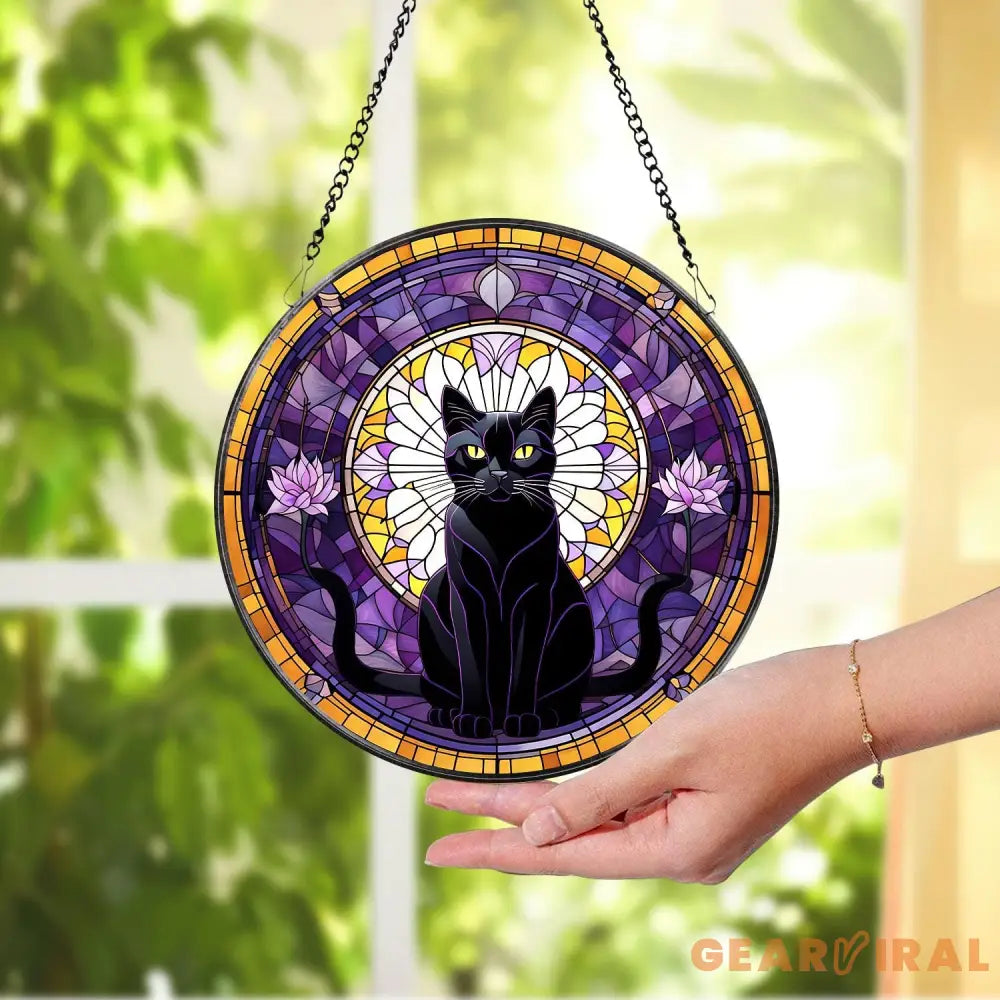 Black Cat Stained Glass Suncatcher Cat Wall Hanging Cat Ornament Cat Decor Cat Lovers Cat Memorial Indoor Decor Gift