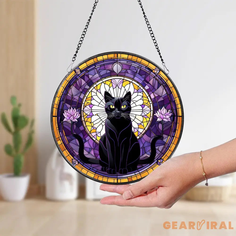 Black Cat Stained Glass Suncatcher Cat Wall Hanging Cat Ornament Cat Decor Cat Lovers Cat Memorial Indoor Decor Gift