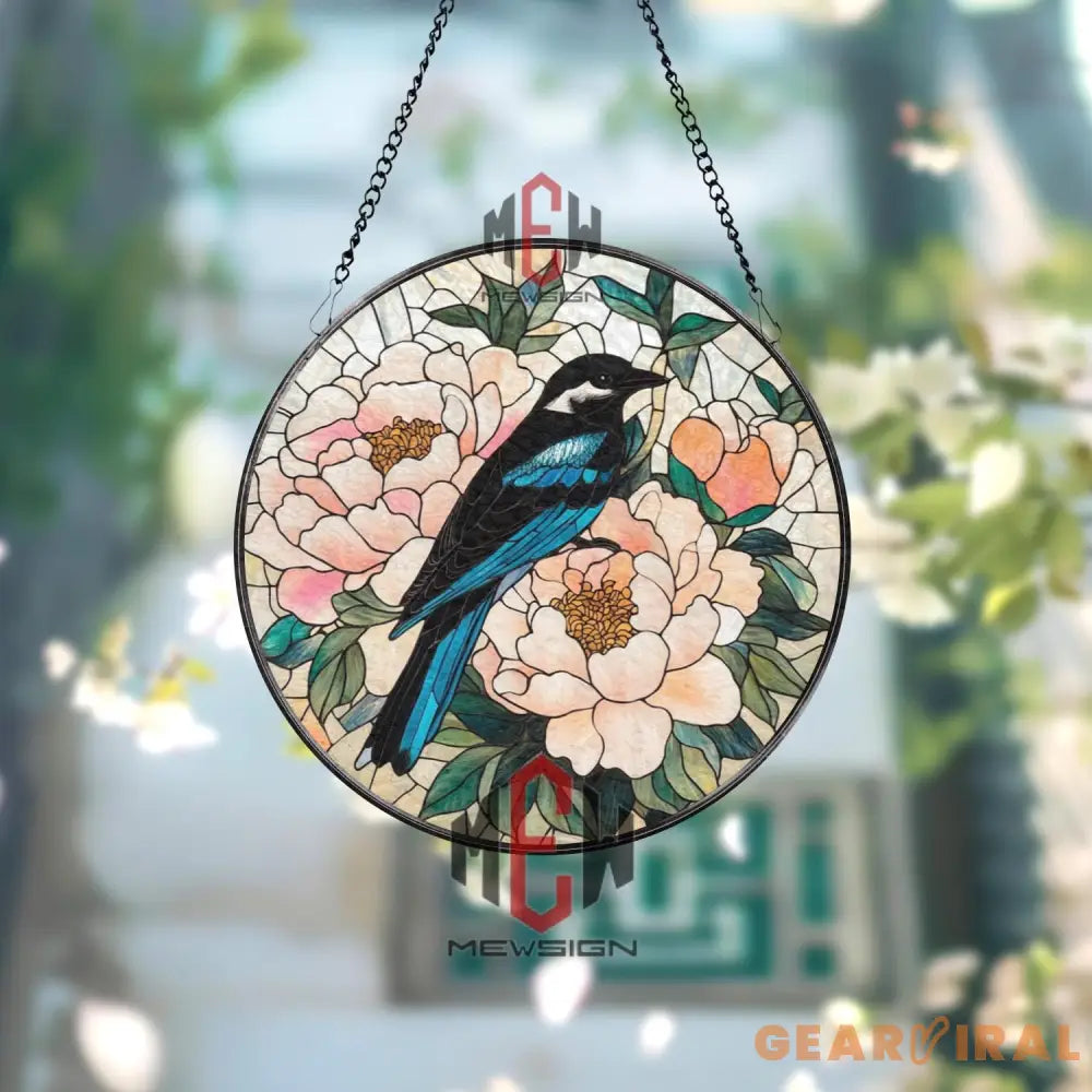 Blue Bird and Peony Stained Glass Suncatcher – Floral Window Hanging Panel Spring Nature Decor Handmade Gift for Bird