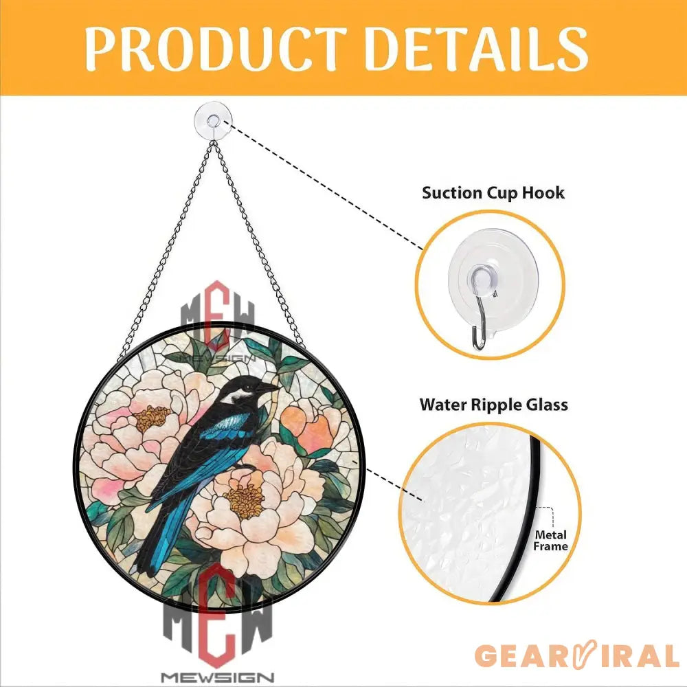 Blue Bird and Peony Stained Glass Suncatcher – Floral Window Hanging Panel Spring Nature Decor Handmade Gift for Bird