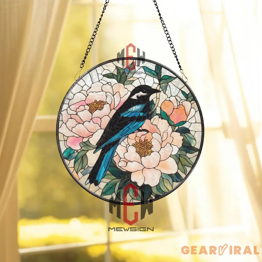 Blue Bird and Peony Stained Glass Suncatcher – Floral Window Hanging Panel Spring Nature Decor Handmade Gift for Bird