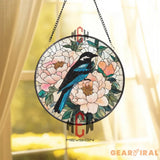 Blue Bird and Peony Stained Glass Suncatcher – Floral Window Hanging Panel Spring Nature Decor Handmade Gift for Bird