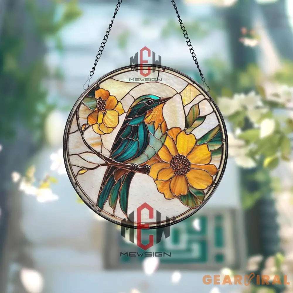 Blue Bird and Sunflower Stained Glass Suncatcher Floral Window Hanging Panel Nature Lover Gift Bright Garden Decor
