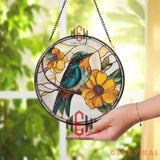 Blue Bird and Sunflower Stained Glass Suncatcher Floral Window Hanging Panel Nature Lover Gift Bright Garden Decor