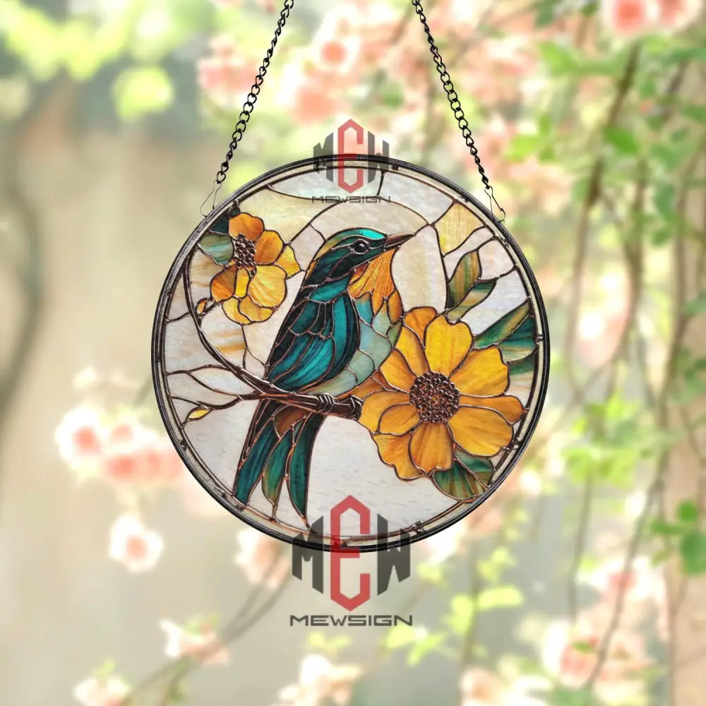 Blue Bird and Sunflower Stained Glass Suncatcher Floral Window Hanging Panel Nature Lover Gift Bright Garden Decor