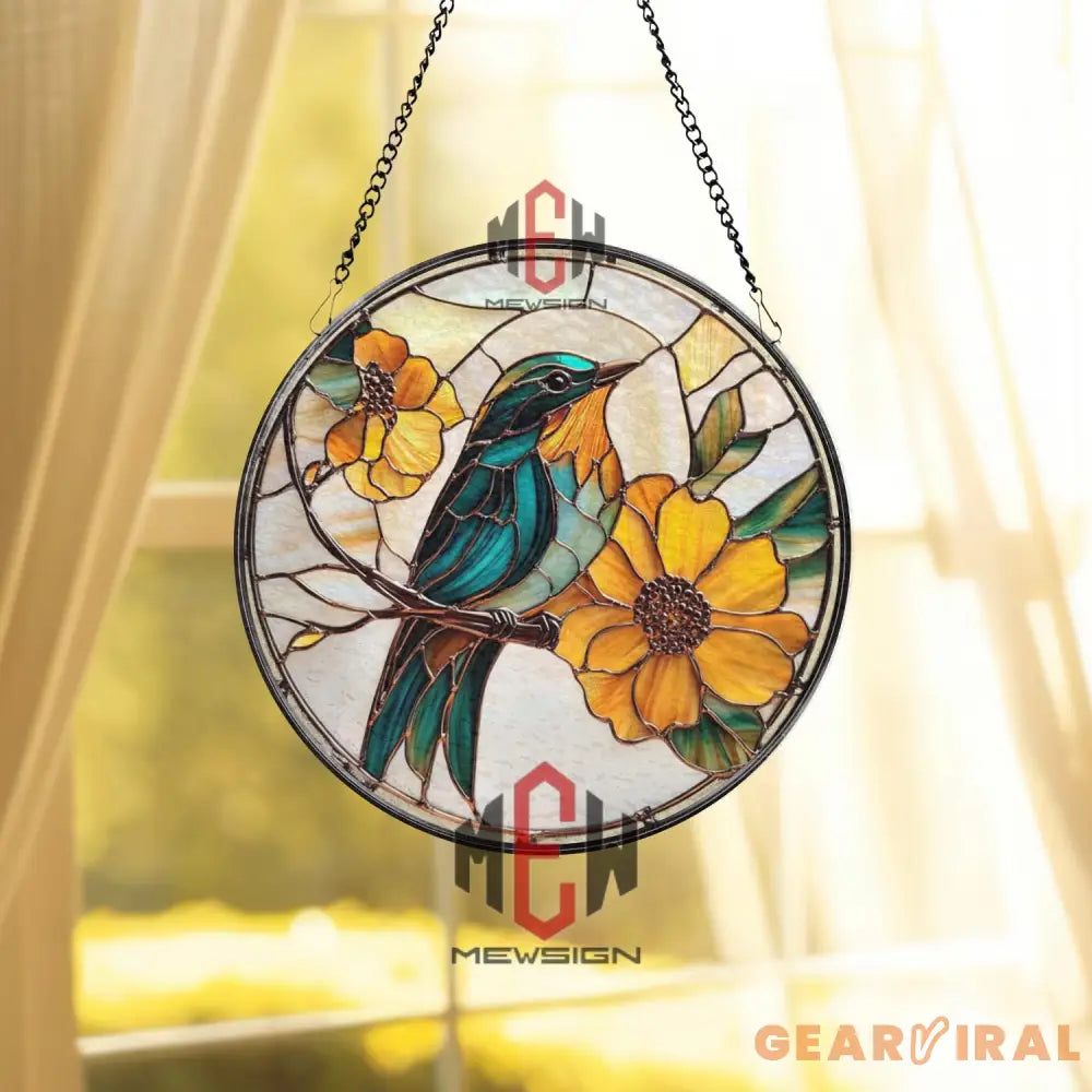 Blue Bird and Sunflower Stained Glass Suncatcher Floral Window Hanging Panel Nature Lover Gift Bright Garden Decor