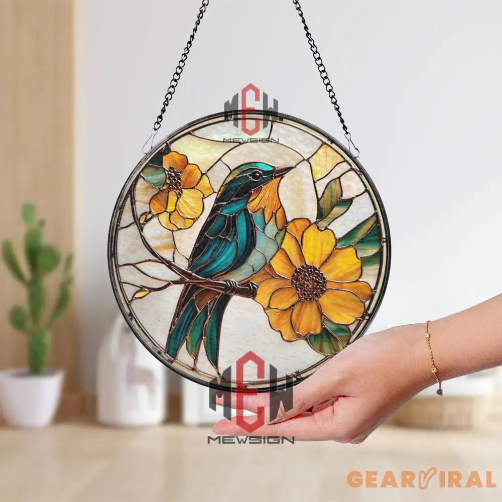 Blue Bird and Sunflower Stained Glass Suncatcher Floral Window Hanging Panel Nature Lover Gift Bright Garden Decor