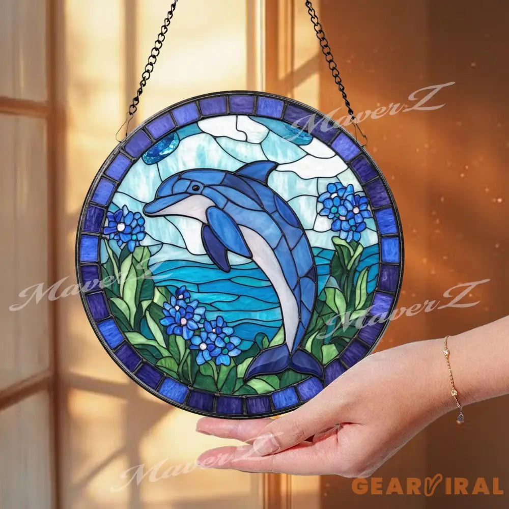 Blue Dolphin Stained Glass Suncatcher Ocean Sea Life Window Panel Coastal Beach Decor Gift for Dolphin Lovers and