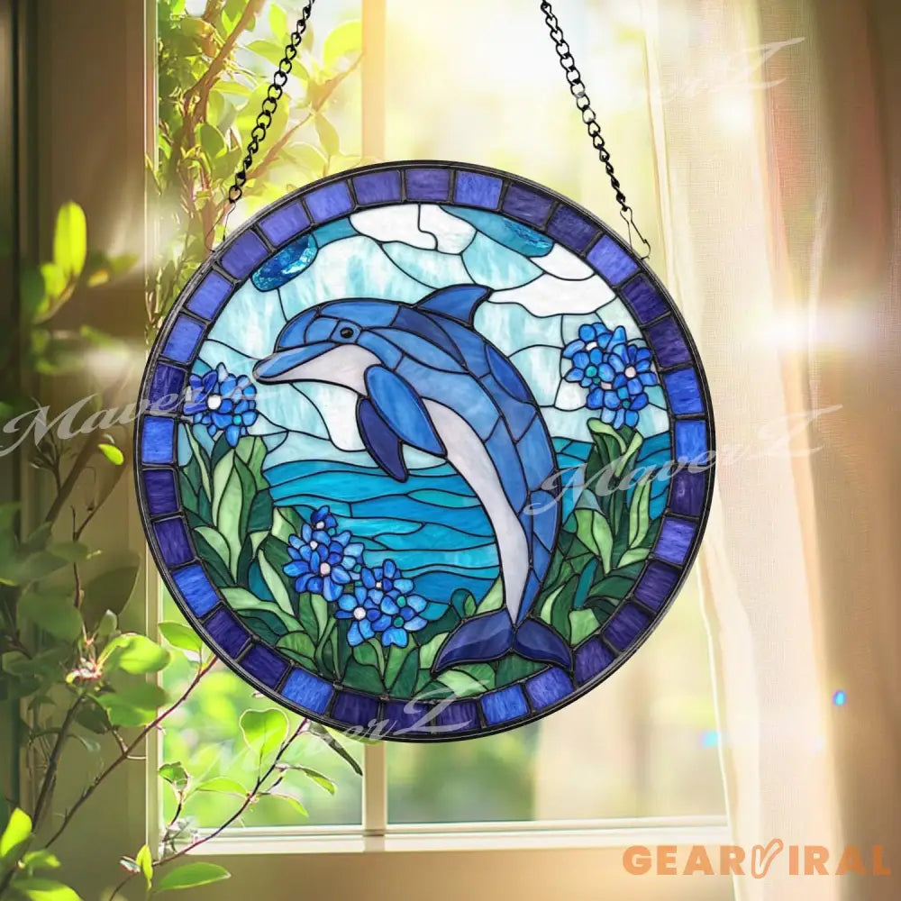 Blue Dolphin Stained Glass Suncatcher Ocean Sea Life Window Panel Coastal Beach Decor Gift for Dolphin Lovers and