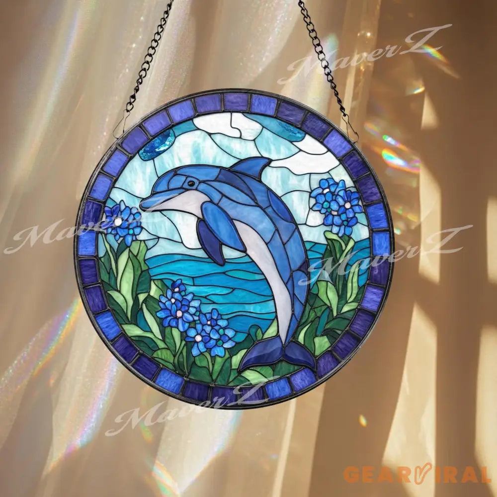 Blue Dolphin Stained Glass Suncatcher Ocean Sea Life Window Panel Coastal Beach Decor Gift for Dolphin Lovers and