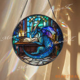 Blue Dragon Reading Book Stained Glass Suncatcher Fantasy Library Window Art Magical Creature Decor for Wizards Readers