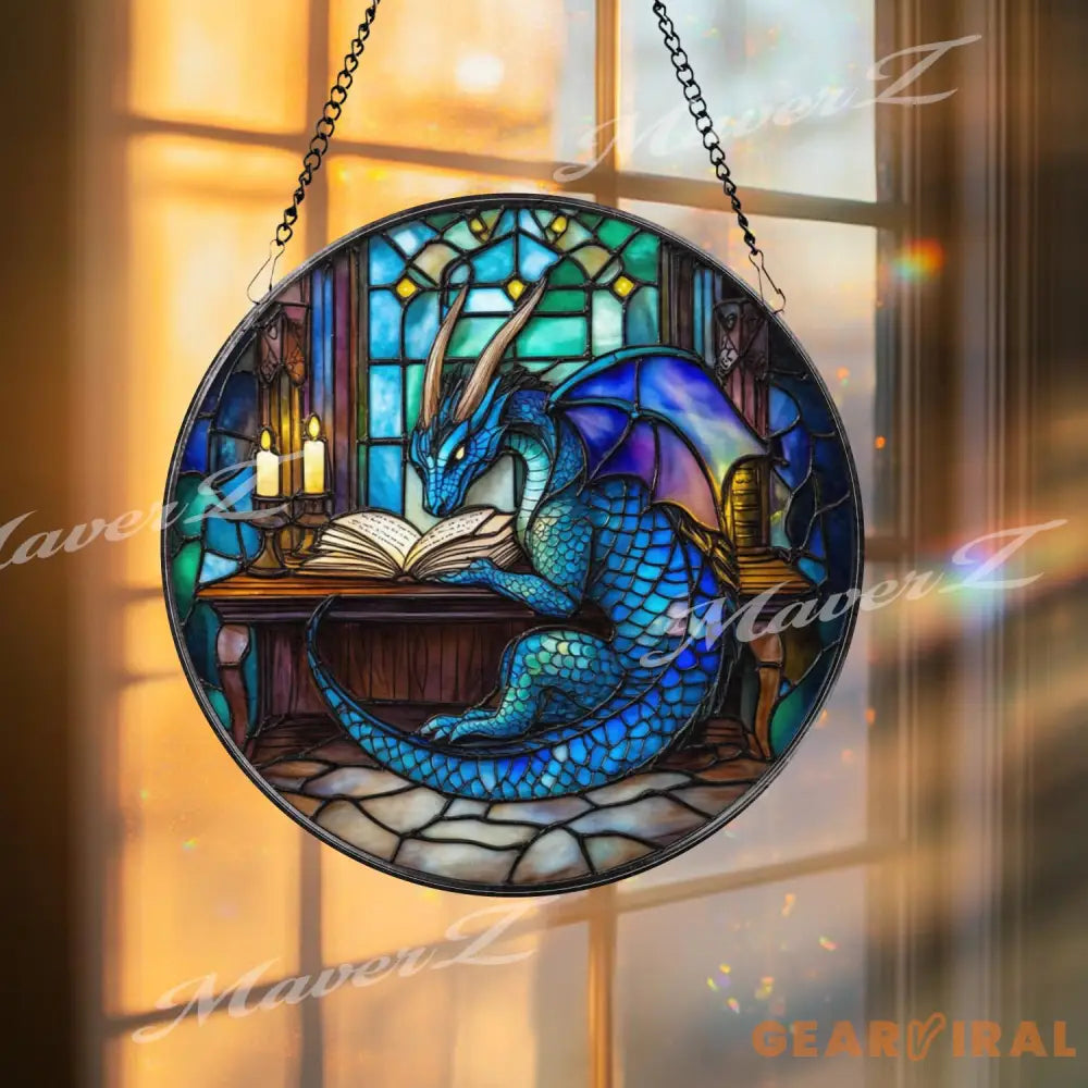 Blue Dragon Reading Book Stained Glass Suncatcher Fantasy Library Window Art Magical Creature Decor for Wizards Readers