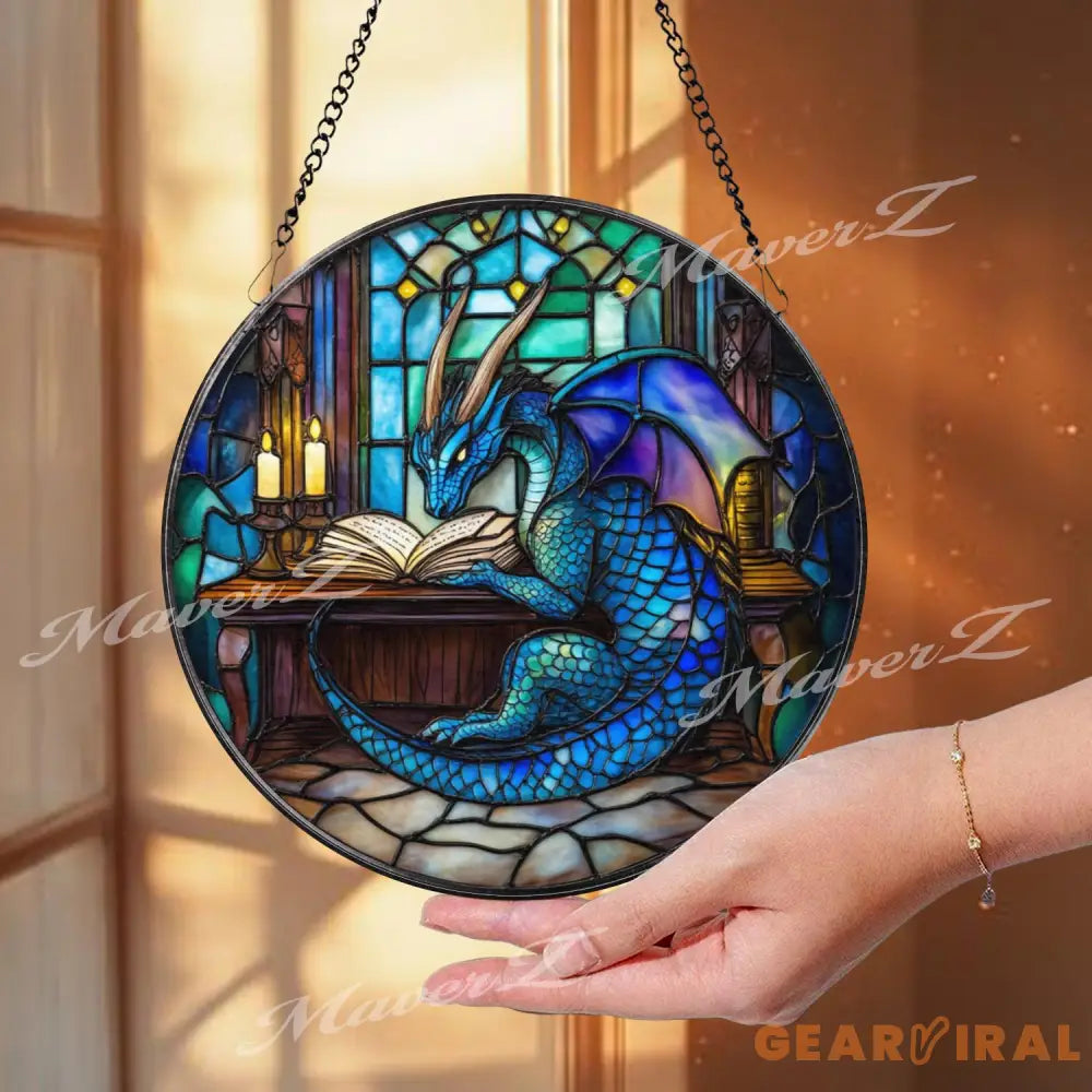 Blue Dragon Reading Book Stained Glass Suncatcher Fantasy Library Window Art Magical Creature Decor for Wizards Readers