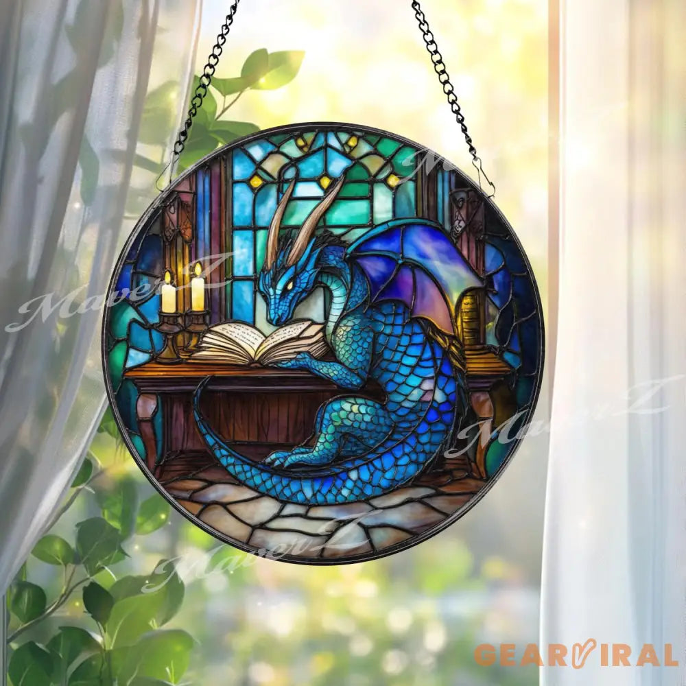 Blue Dragon Reading Book Stained Glass Suncatcher Fantasy Library Window Art Magical Creature Decor for Wizards Readers