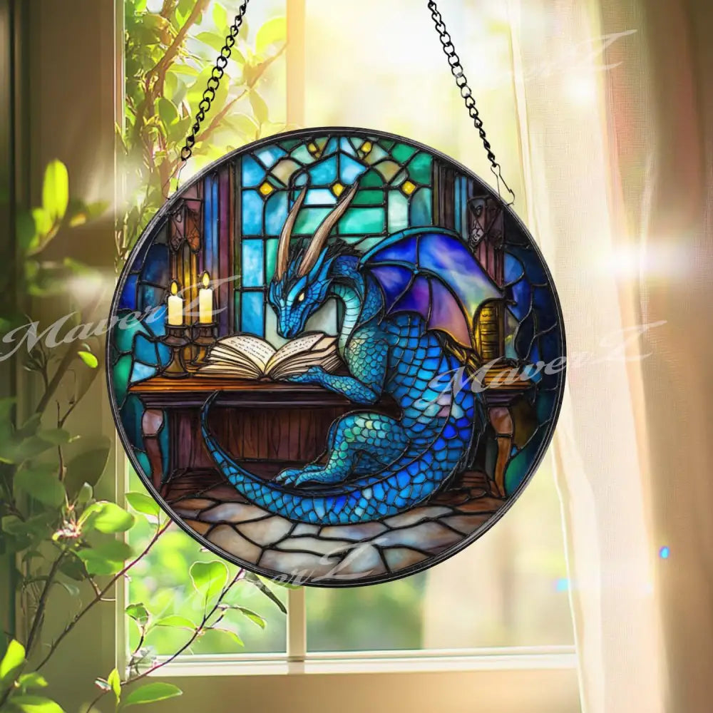 Blue Dragon Reading Book Stained Glass Suncatcher Fantasy Library Window Art Magical Creature Decor for Wizards Readers