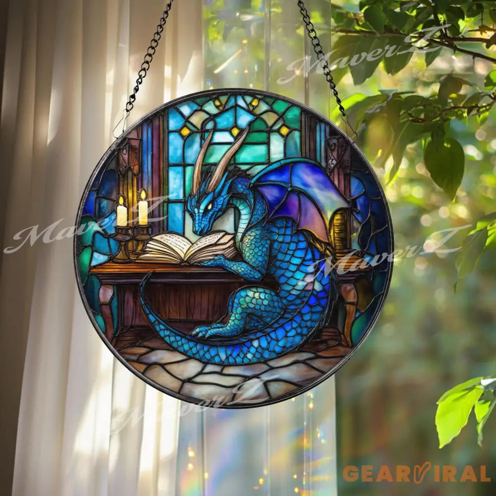Blue Dragon Reading Book Stained Glass Suncatcher Fantasy Library Window Art Magical Creature Decor for Wizards Readers