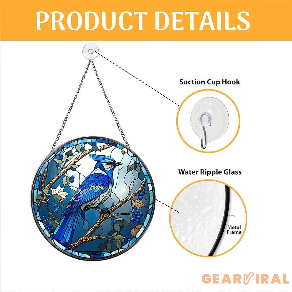 Blue Jay Glass Suncatcher Flower Glass Art Blue Jay Window Hangings Blue Jay Lover Gift Bird Wall Hanging Mother’s Day