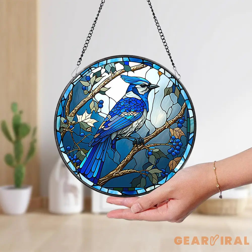 Blue Jay Glass Suncatcher Flower Glass Art Blue Jay Window Hangings Blue Jay Lover Gift Bird Wall Hanging Mother’s Day