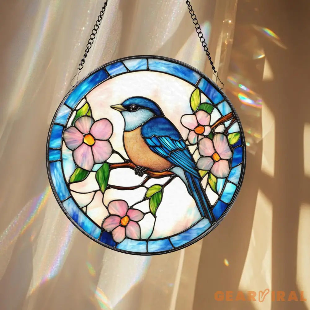 Bluebird Stained Glass Suncatcher Bird Window Hanging Decor Nature-Inspired Gift Bluebird House Accent Garden or Home
