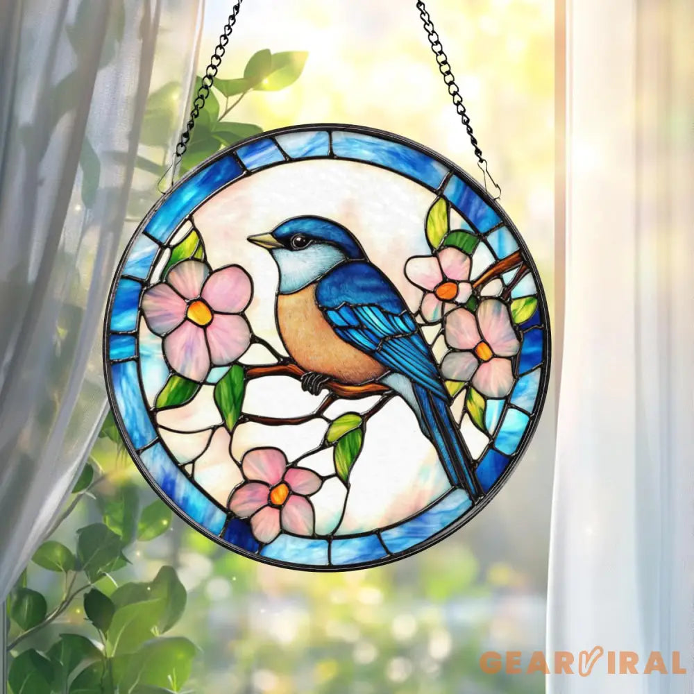 Bluebird Stained Glass Suncatcher Bird Window Hanging Decor Nature-Inspired Gift Bluebird House Accent Garden or Home