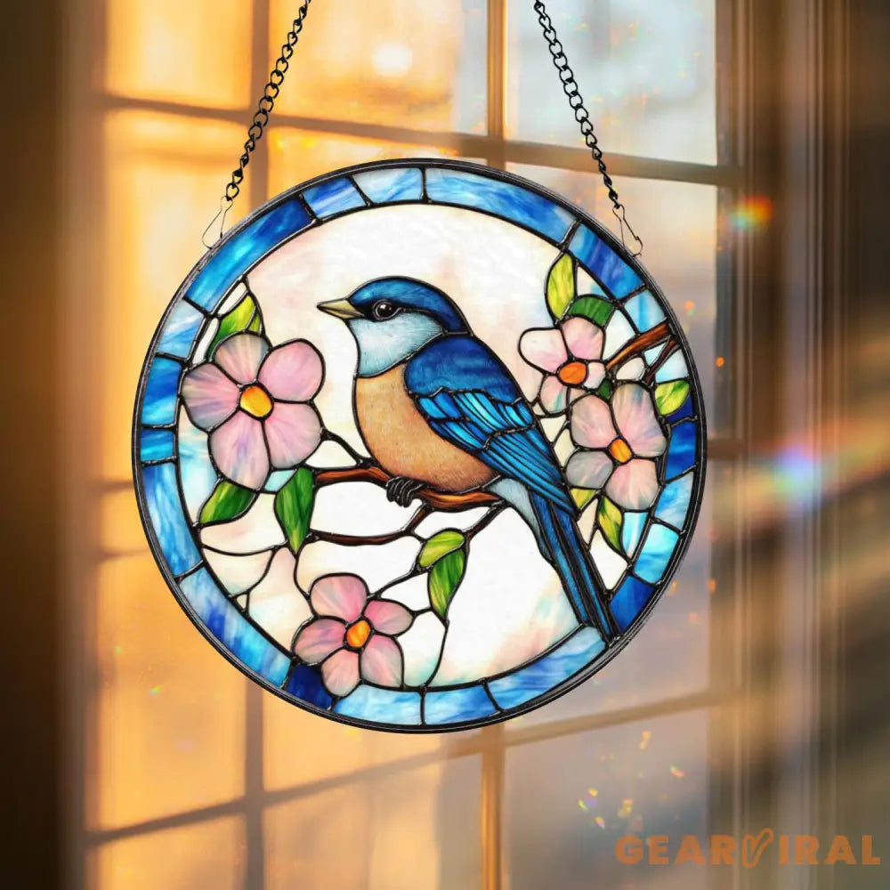 Bluebird Stained Glass Suncatcher Bird Window Hanging Decor Nature-Inspired Gift Bluebird House Accent Garden or Home