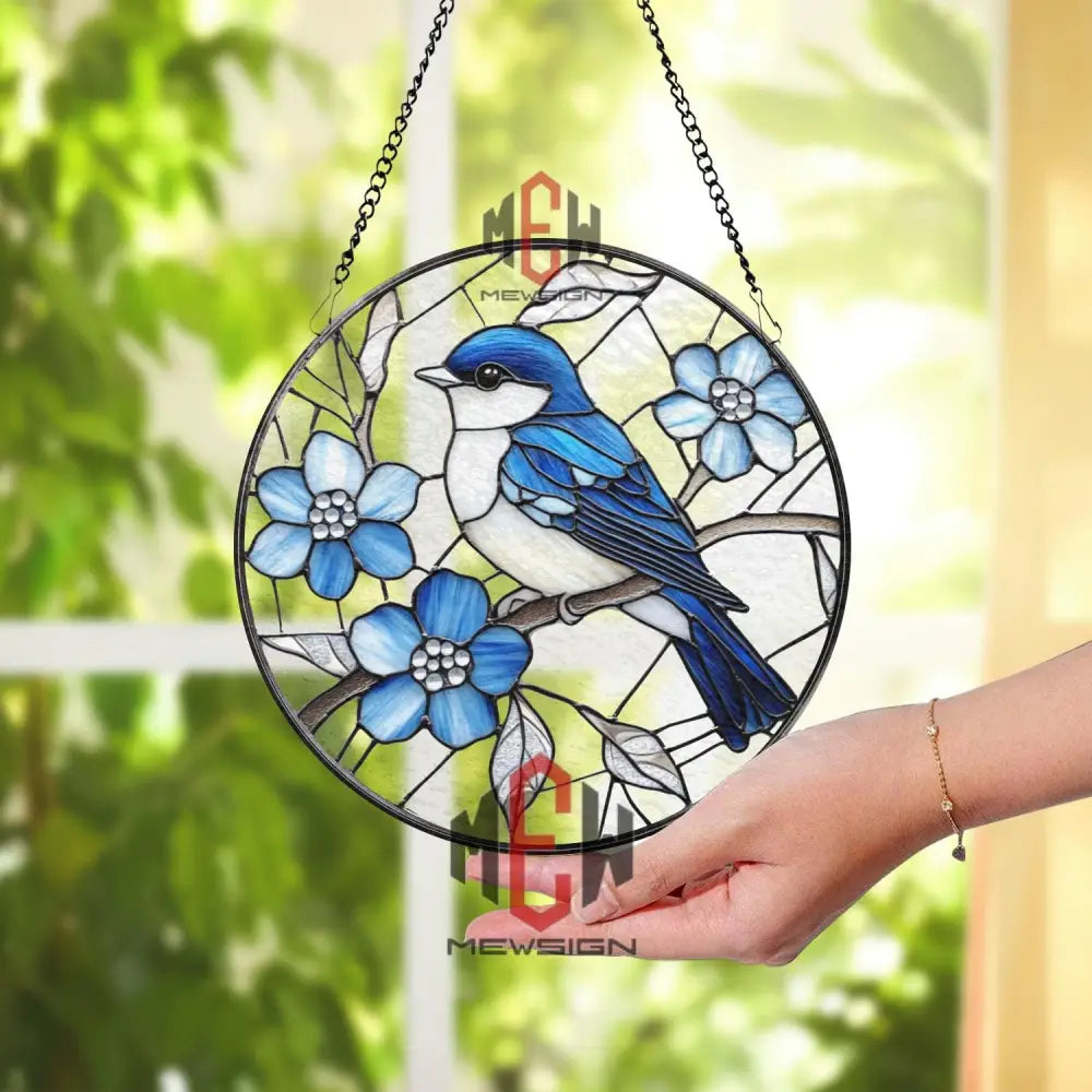 Bluebird Stained Glass Suncatcher Round Window Hanging with Blue Flowers Nature Bird Glass Panel Spring Garden Gift for