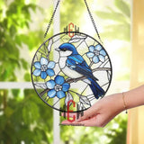 Bluebird Stained Glass Suncatcher Round Window Hanging with Blue Flowers Nature Bird Glass Panel Spring Garden Gift for