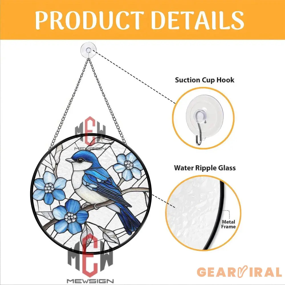 Bluebird Stained Glass Suncatcher Round Window Hanging with Blue Flowers Nature Bird Glass Panel Spring Garden Gift for