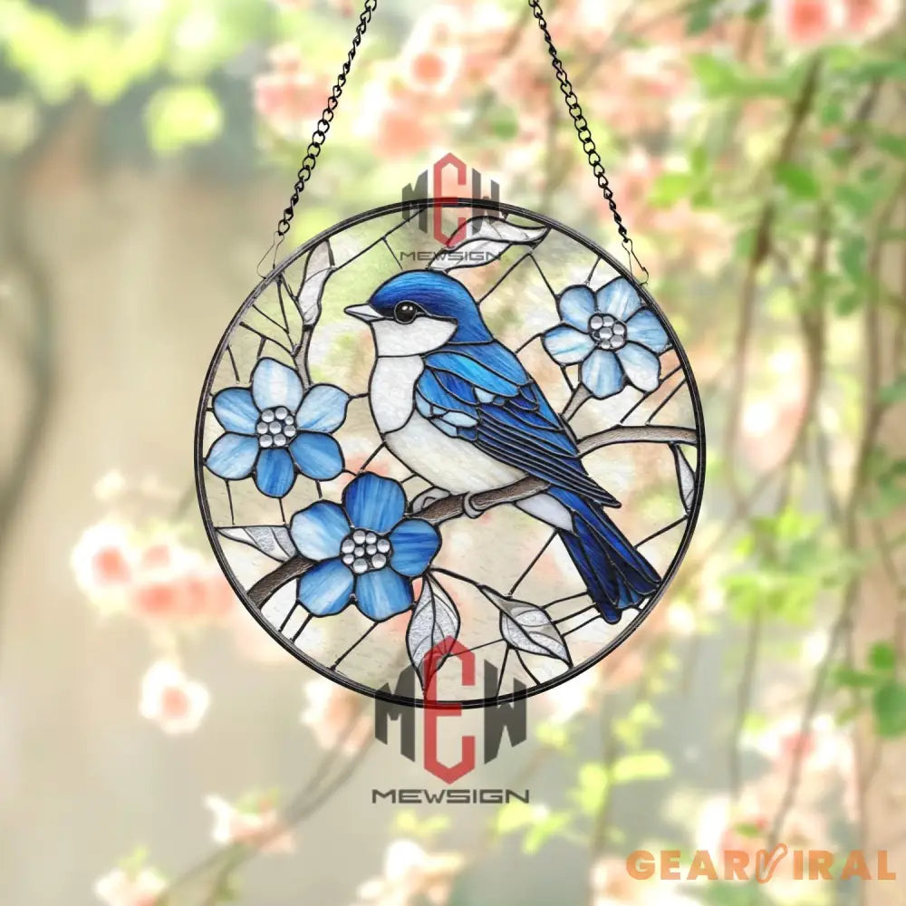 Bluebird Stained Glass Suncatcher Round Window Hanging with Blue Flowers Nature Bird Glass Panel Spring Garden Gift for