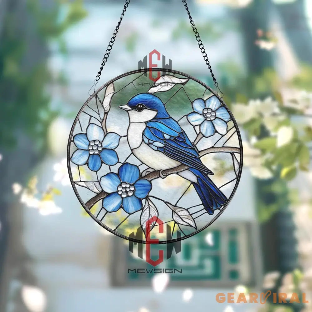 Bluebird Stained Glass Suncatcher Round Window Hanging with Blue Flowers Nature Bird Glass Panel Spring Garden Gift for