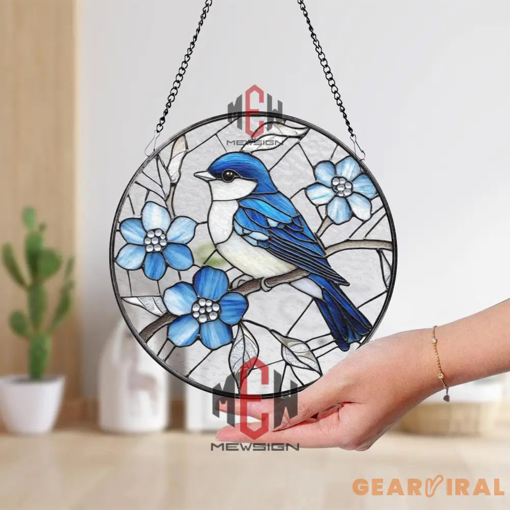 Bluebird Stained Glass Suncatcher Round Window Hanging with Blue Flowers Nature Bird Glass Panel Spring Garden Gift for